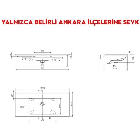 Turkuaz Arte 100x45 cm Etajerli Lavabo