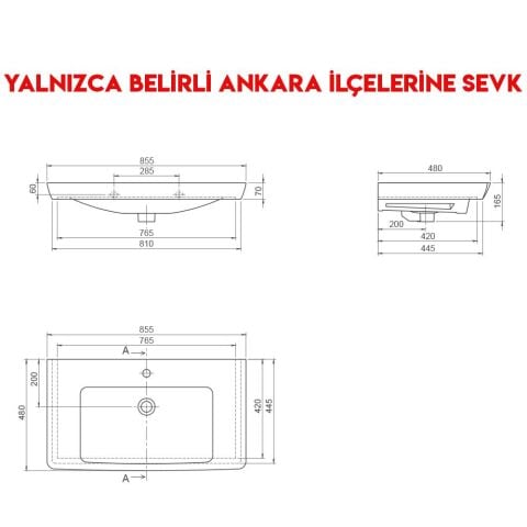 Turkuaz Porto D 85x48 cm Etajerli Lavabo