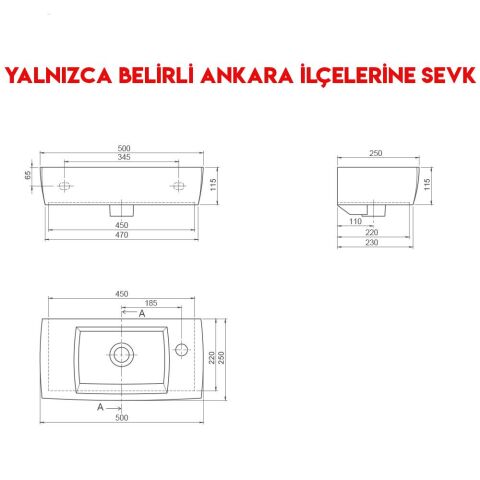 Turkuaz City 25x50 cm Batarya Deliği Sağda Tezgah Üstü Lavabo
