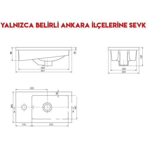 Turkuaz Mini L 24x42 cm Tezgah Üstü Lavabo