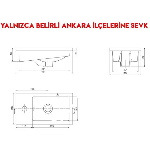 Turkuaz Mini L 24x42 cm Tezgah Üstü Lavabo
