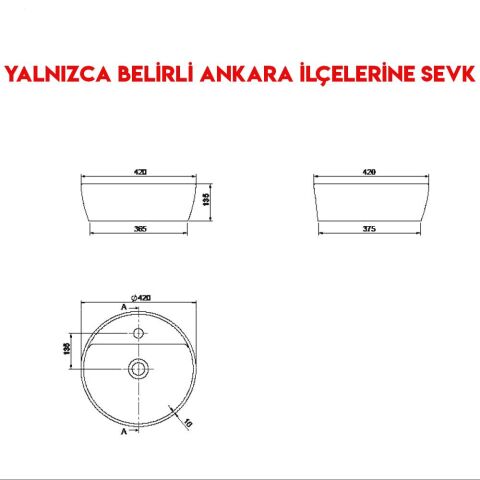Turkuaz One Ø 42 cm Batarya Delikli Tezgah Üstü Lavabo