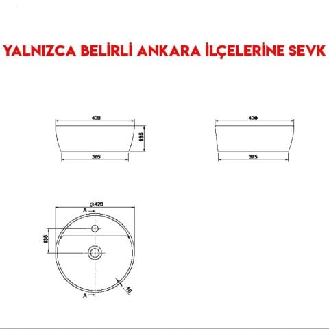 Turkuaz One Ø 42 cm Batarya Delikli Tezgah Üstü Lavabo