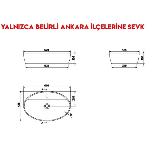 Turkuaz One 67x42 cm Batarya Delikli Tezgah Üstü Lavabo