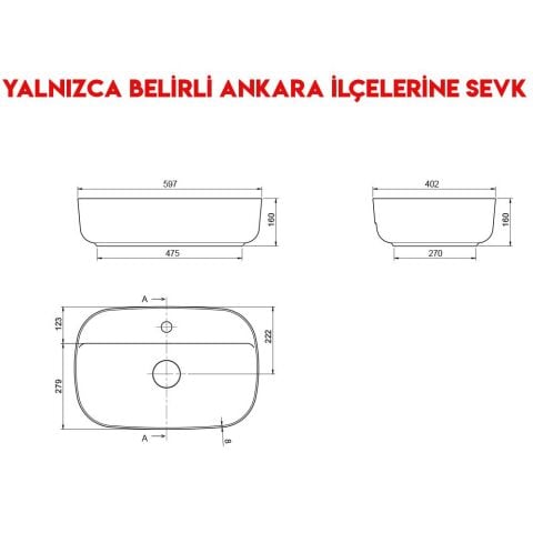 Turkuaz Aqua 60x40 cm Tezgah Üstü Lavabo