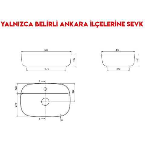 Turkuaz Aqua 60x40 cm Tezgah Üstü Lavabo