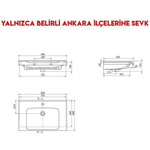 Turkuaz Anova 80x50 cm Etajerli Lavabo