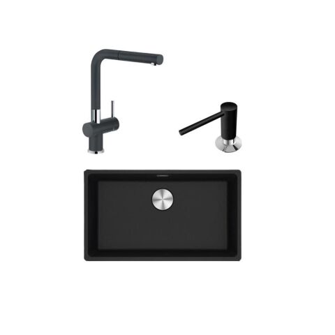 Franke Maris Mrg 210/110-72 Nero Granit Eviye + Active Plus Doccia Armatür + Comfort Sıvı Sabunluk Üçlü Set Nero