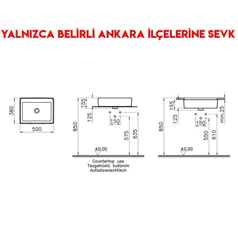 Vitra Nuo 50 cm Armatür Deliksiz Su Taşma Deliksiz Çanak Lavabo