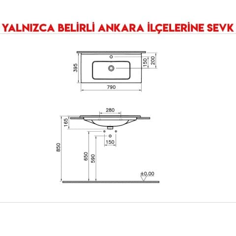 Vitra Armatür Delikli Taşmalı Mia Eco Etajerli 80 cm Lavabo