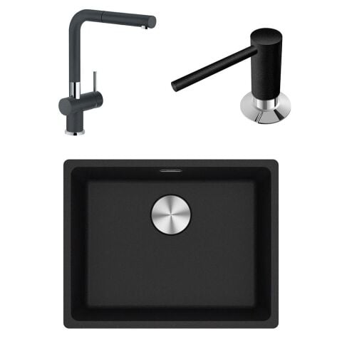 Franke Maris Mrg 210/110-52 Nero Granit Eviye Actıve Plus Doccia Armatür Sıvı Sabunluk Üçlü Set Nero