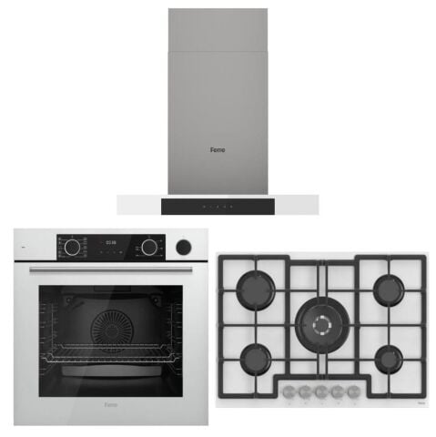 Ferre Fryart Steam Beyaz Set ( D101 Beyaz Davlumbaz -ED036 75 CM Beyaz Ocak- XE64CB Fryart Steam Beyaz Fırın)