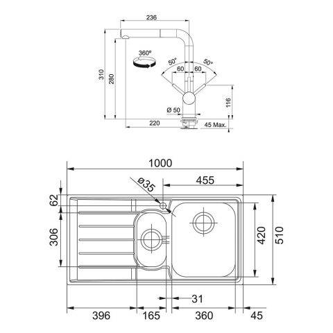 Franke Neptün Nex 651 1.5 Gözlü Sol Damlalıklı Çelik Evye ve Active Plus Doccia Krom Batarya