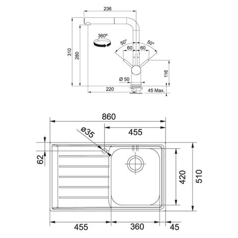 Franke Neptün Nex 611 Sol Damlalıklı Çelik Evye ve Active Plus Doccia Krom Batarya