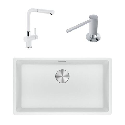 Franke Maris Mrg 210/110-72 Bianco Granit Eviye Actıve Plus Doccia Armatür Sıvı Sabunluk Üçlü Set Bianco