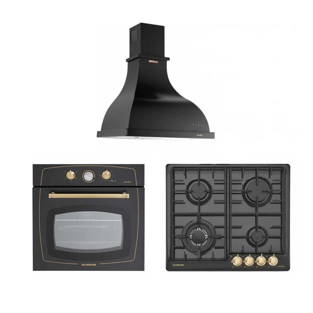 Silverline Retro Rustik Set  (2238 60 Cm Siyah Davlumbaz- RS5322B01 Siyah Ocak - RS6235B03 Siyah Fırın)