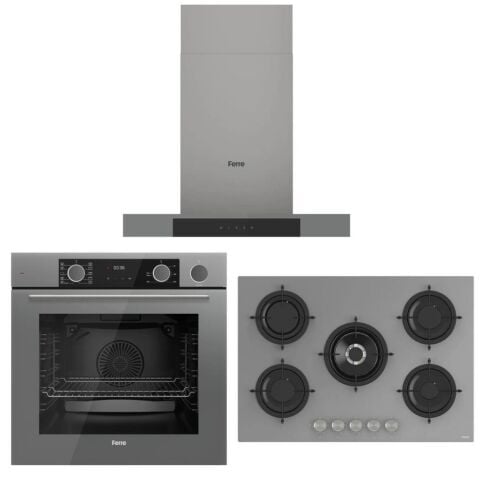 Ferre Fryart Steam Gri Set (D102 Gri Davlumbaz -RS038 Gri Ocak- XE64CPR FryartSteam Gri Fırın)