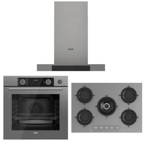 Ferre Fryart Steam Gri Set (D102 Gri Davlumbaz -RS038 Gri Ocak- XE64CPR FryartSteam Gri Fırın)
