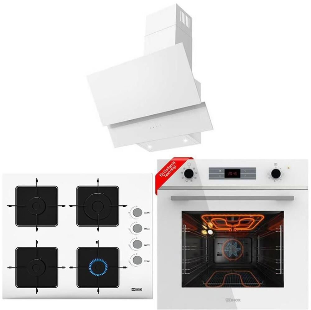 Ukınox Smart Beyaz Set (Aztec 60 Beyaz Davlumbaz-Ares 60 Beyaz Ocak-Smart 8801 Beyaz Fırın)