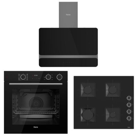 FERRE SteamART FRYART SİYAH SET ( D080 SİYAH DAVLUMBAZ-SS205 SİYAH OCAK- XE64CS FRYART SteamArt Siyah Fırın)