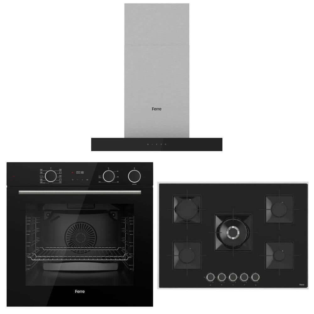Ferre FryartSteam Siyah Ankastre Set (D100 Siyah T Tipi Davlumbaz-SS035 Siyah Ocak- XE64CS FryartSteam Siyah Fırın)