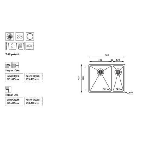 Ukinox Me 340.70 Küçük Göz Sağ Tezgah Altı Evye