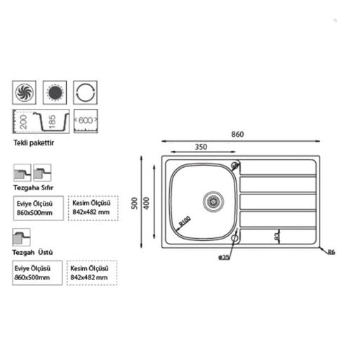 Ukinox HS 86 Düz Sağ Damlalıklı Çelik Evye