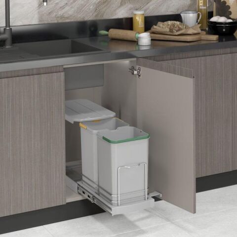 Starax S-2392 12+12 Lt Dolap İçi Teleskopik Raylı Gri Çöp Kovası